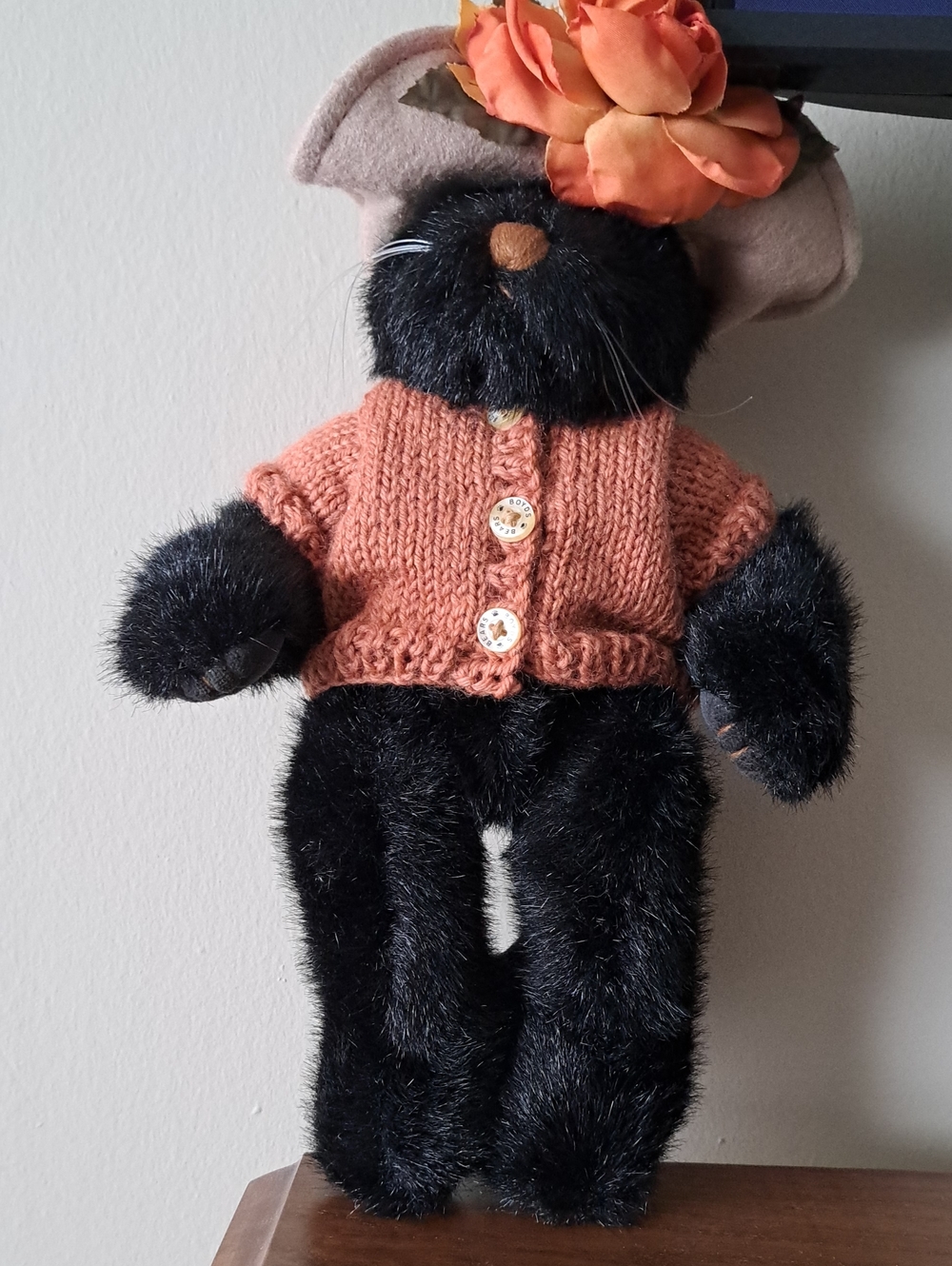 Boyds Bears Black Plush Cat in Burnt Orange Knit Sweater